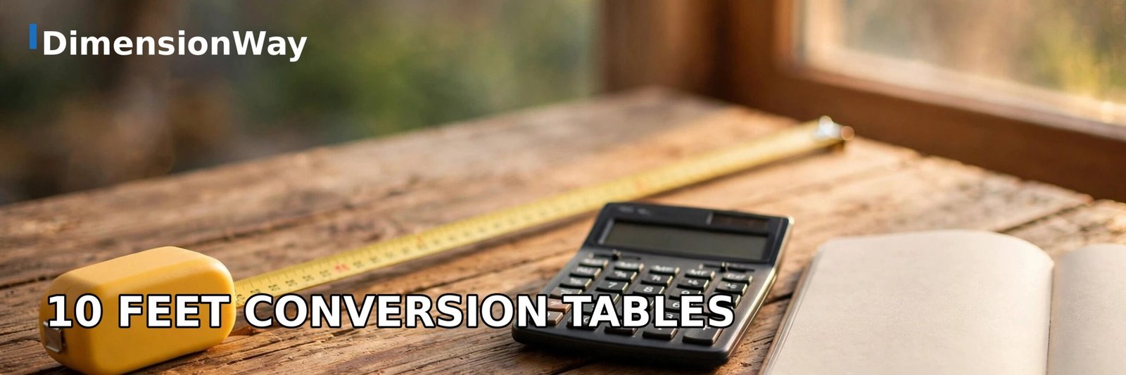 A measuring tape, calculator, and notebook on a desk for 10 feet conversions.