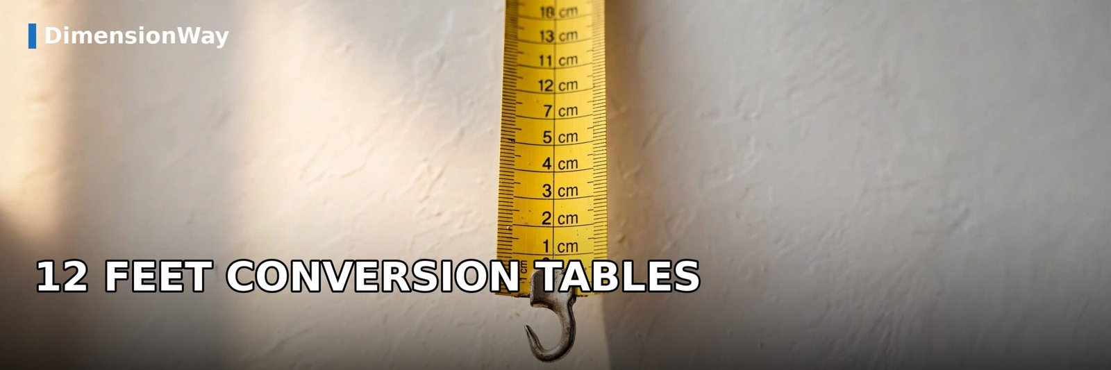 Photorealistic vertical measuring tape showing how tall 12 feet is in inches and feet