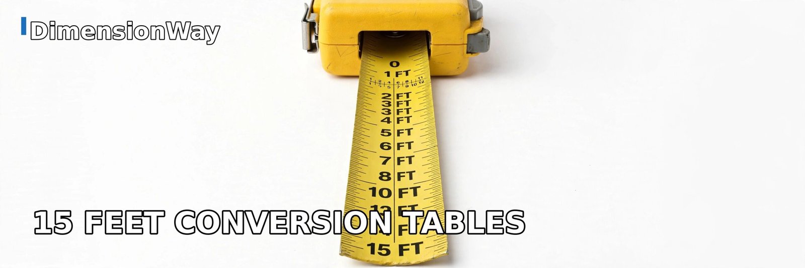 Photorealistic vertical measuring tape showing how tall 15 feet is in inches and feet