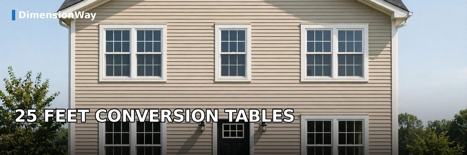 Conversion banner showing a two-story house, used to explain how tall a 2-story house is in feet, inches, meters, and centimeters.