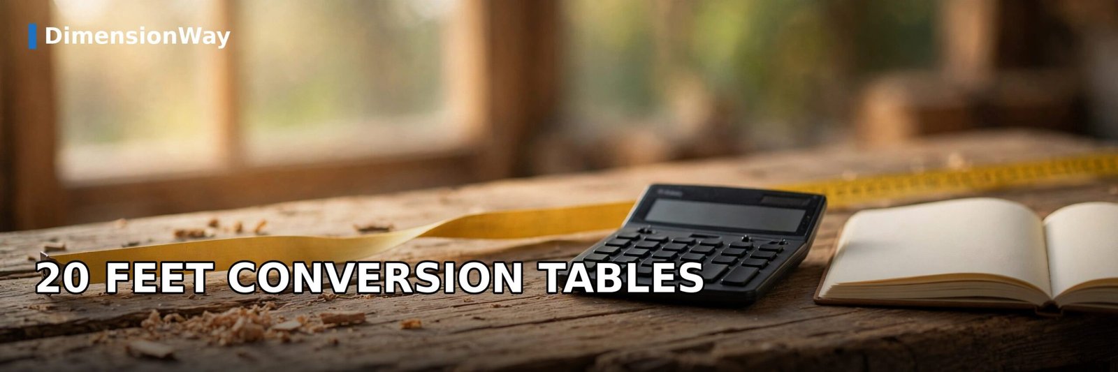 A measuring tape, calculator, and notebook on a desk for 20 feet conversions.