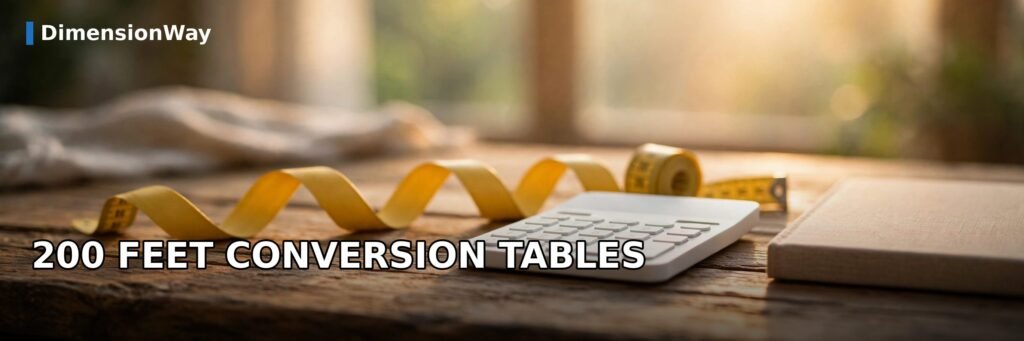 Conversion tables showing 200 feet in inches, meters, and centimeters