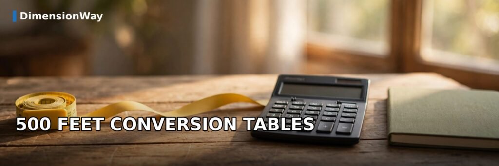 Conversion tables showing 500 feet in inches, meters, and centimeters
