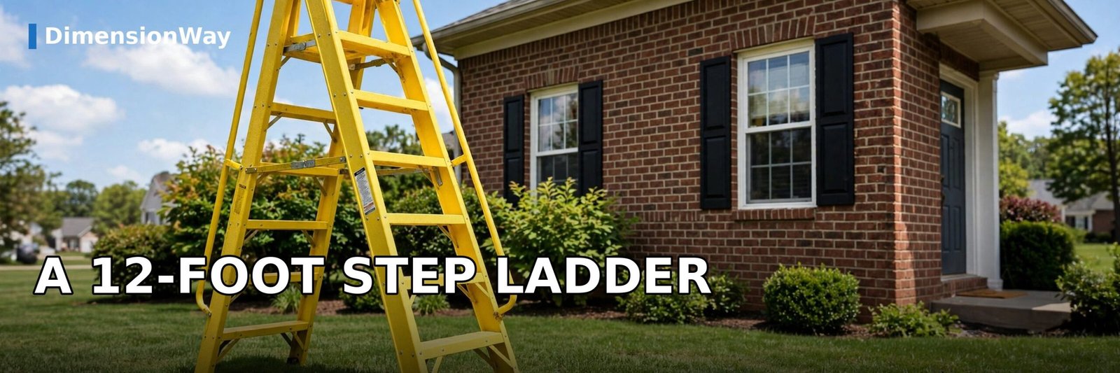 Yellow fiberglass 12 foot step ladder standing fully open next to a house