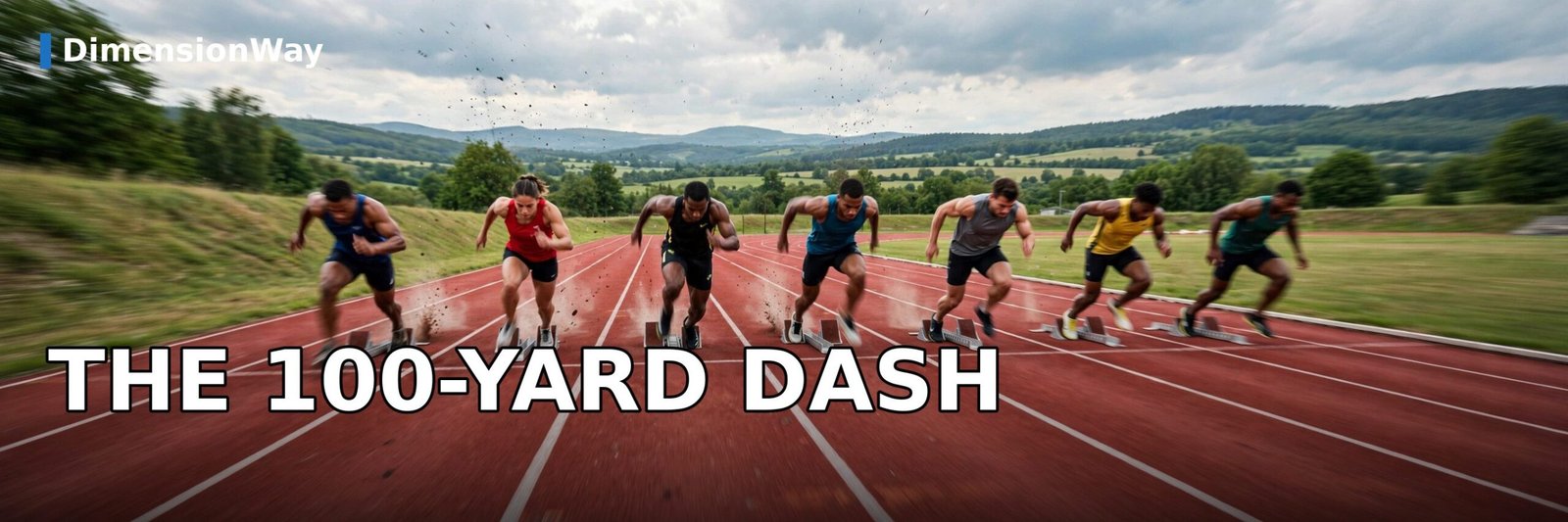 Sprinters lined up for a 100-yard dash on a running track.