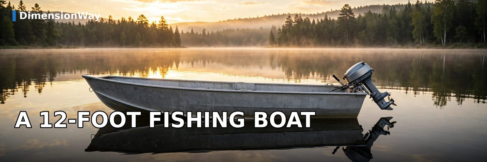 Small 12 foot aluminum fishing skiff floating on a calm lake at sunrise