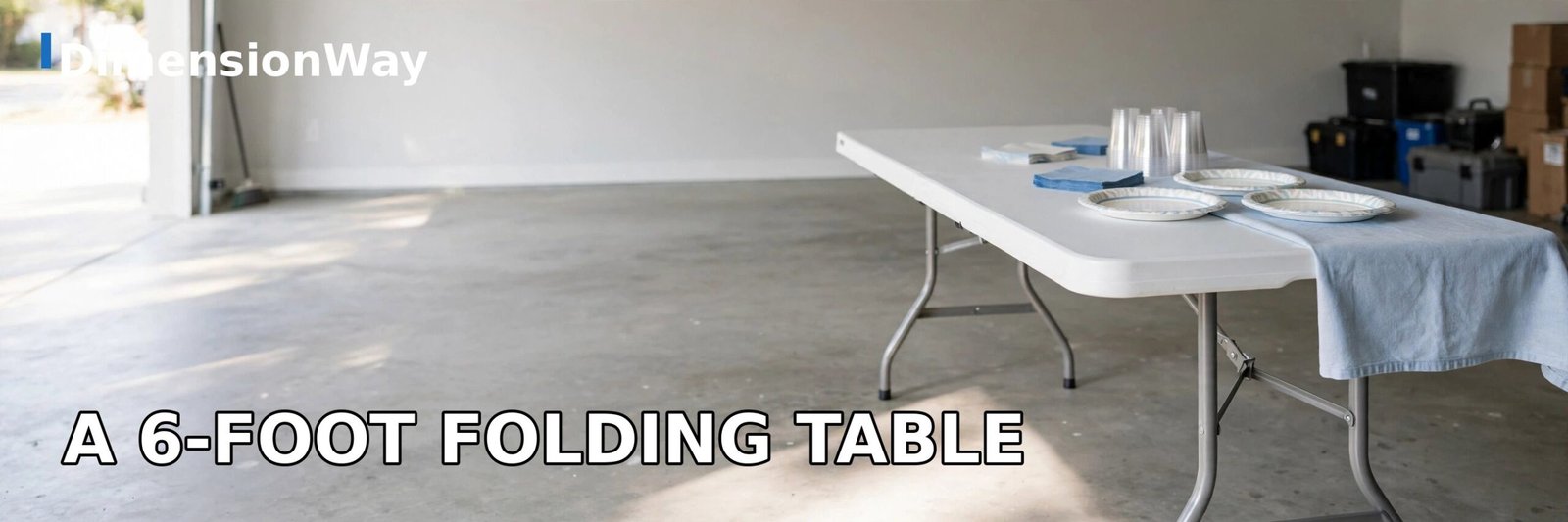 White 6-foot folding table set up in a bright garage for a party.