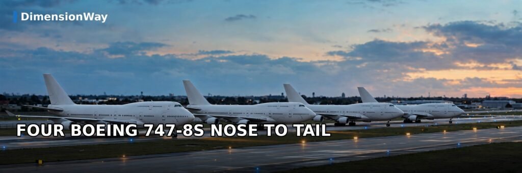 Four Boeing 747-8 aircraft lined nose to tail measure about 1000 feet