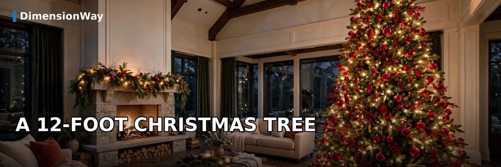 Large 12 foot artificial Christmas tree decorated with lights and ornaments in a grand room