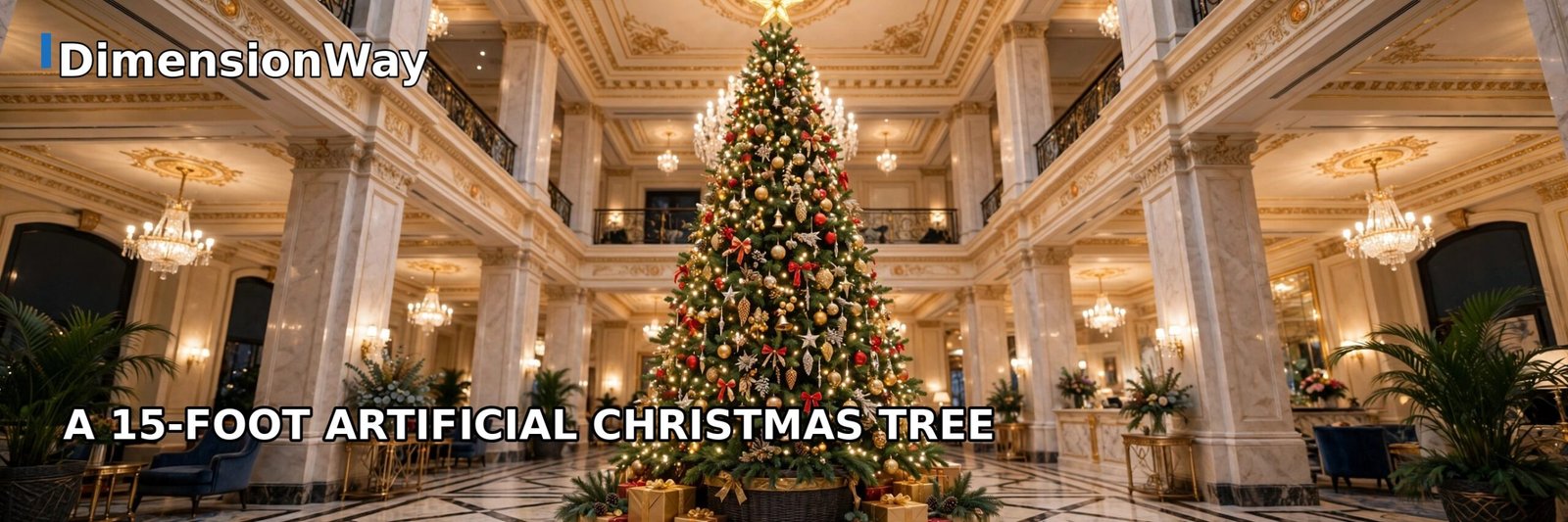 Tall 15 foot artificial Christmas tree decorated with lights in a grand entryway