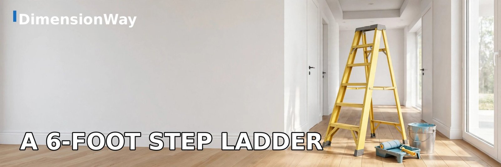 Yellow 6-foot step ladder standing open in a bright hallway next to a paint bucket.