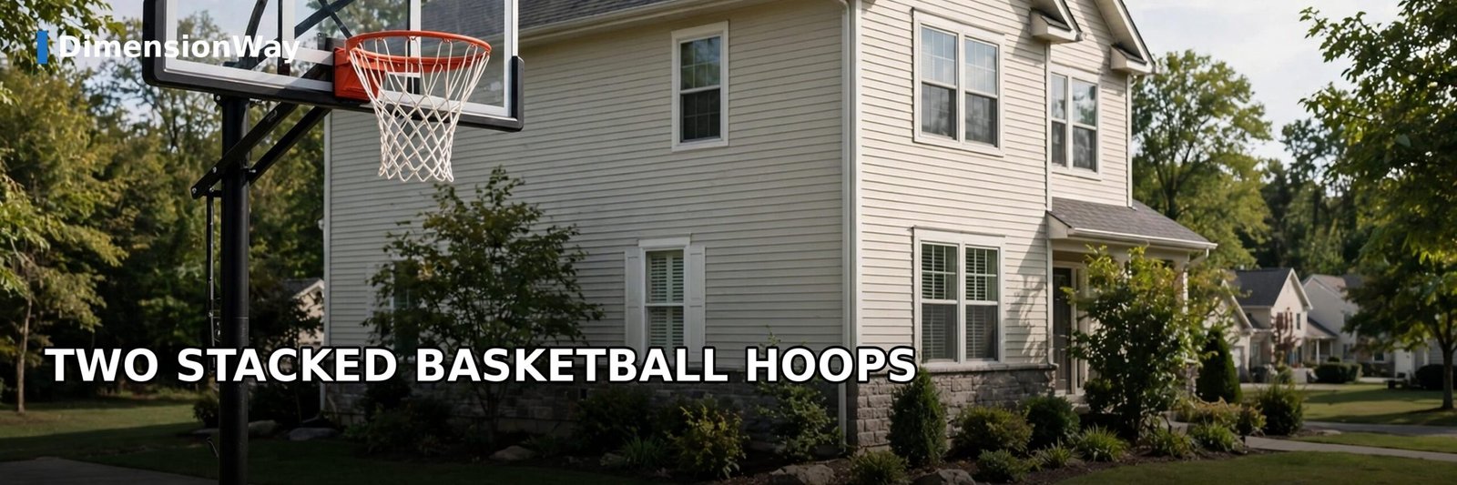 Basketball hoop in front of a two-story house, showing that two stacked 10-foot rims reach about one house height.