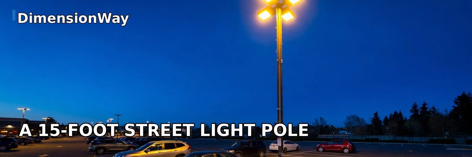 Fifteen foot parking lot light pole glowing at dusk