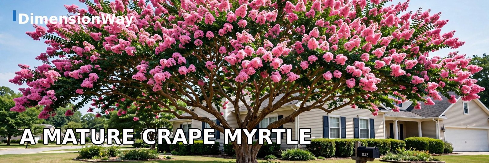 Mature crape myrtle tree in full bloom reaching 20 feet in a suburban yard