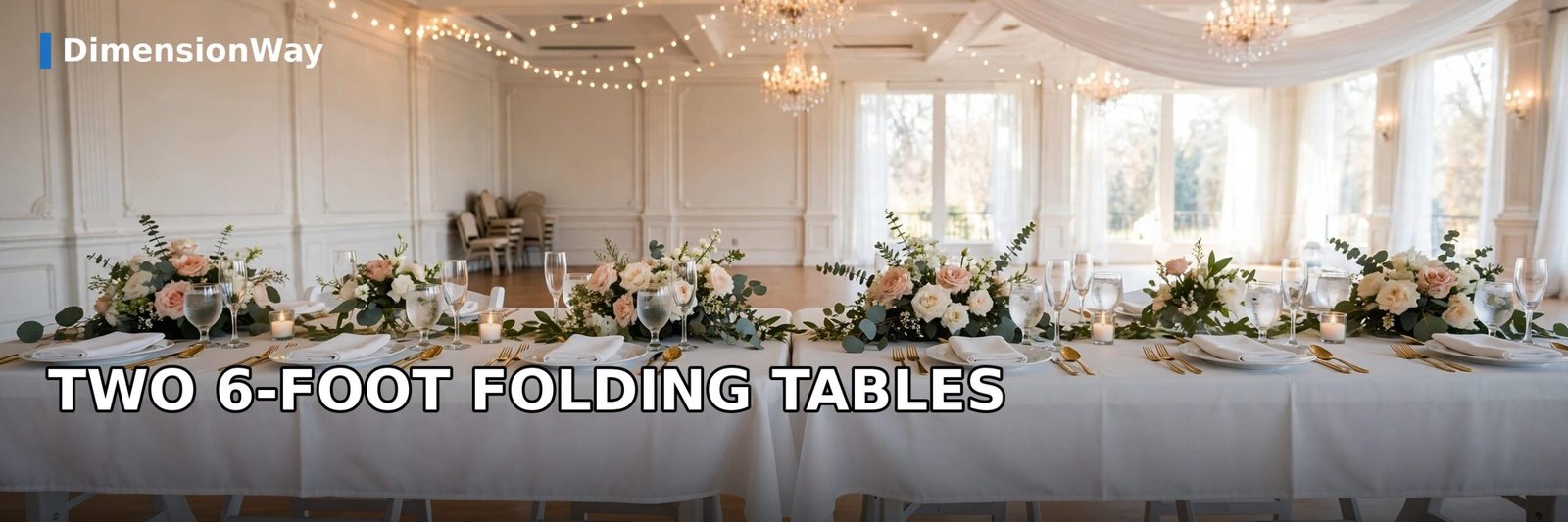 Two 6 foot folding tables placed end to end forming a 12 foot banquet row at an event