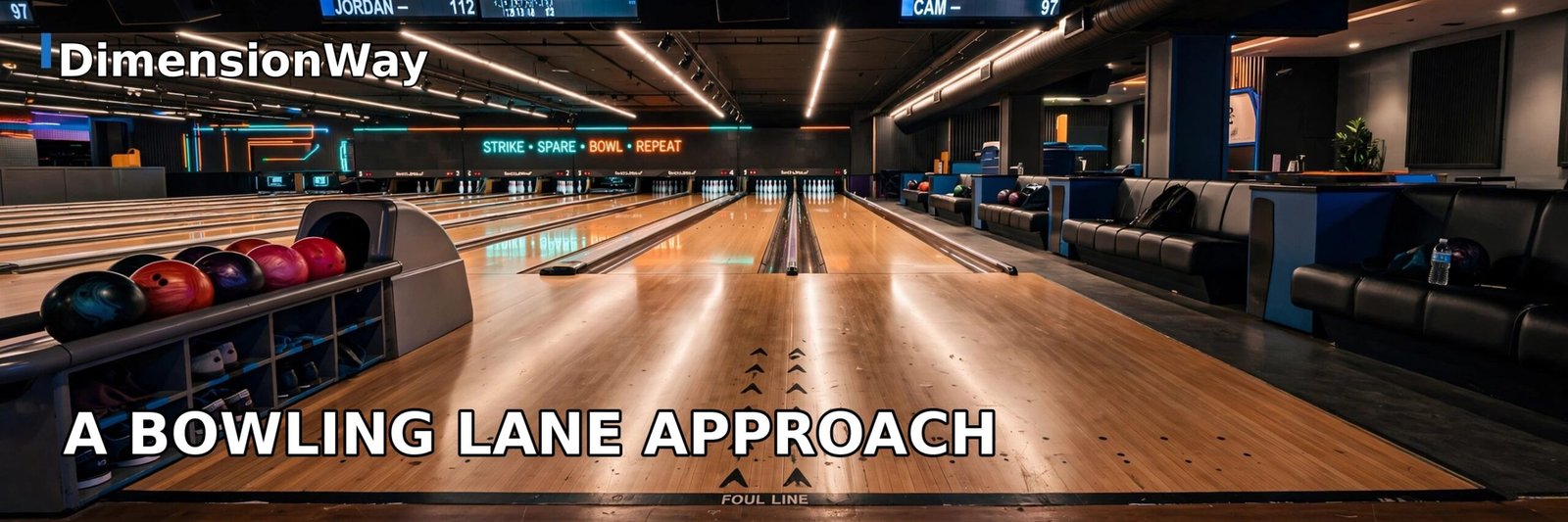 Bowling lane approach viewed from behind the foul line showing its 15 foot length