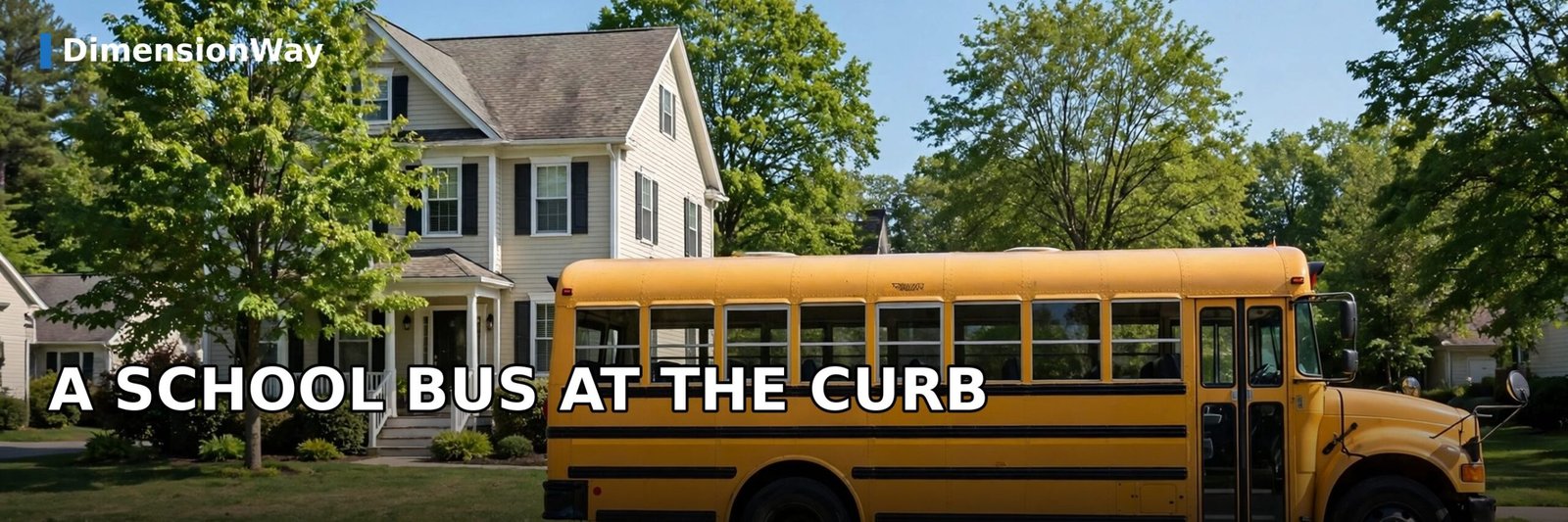 Yellow school bus parked in front of a two-story house, showing school bus height compared to the house.