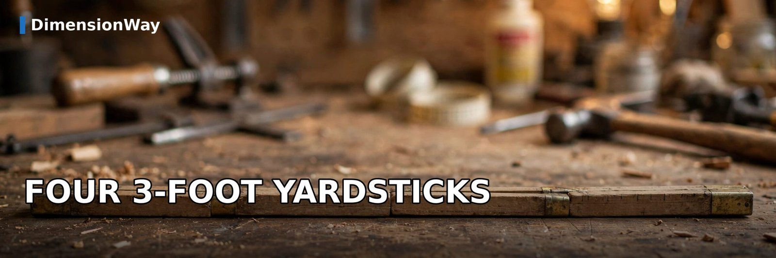 Four wooden 3 foot yardsticks laid end to end on a workbench measuring 12 feet