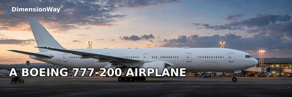 A Boeing 777-200 airplane measuring just over 200 feet long