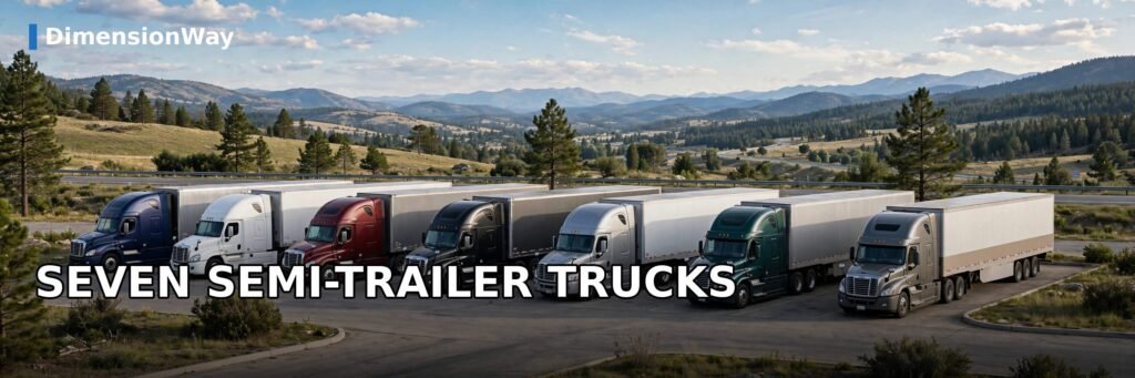 Seven semi-trailer trucks in a row stretching about 500 feet.