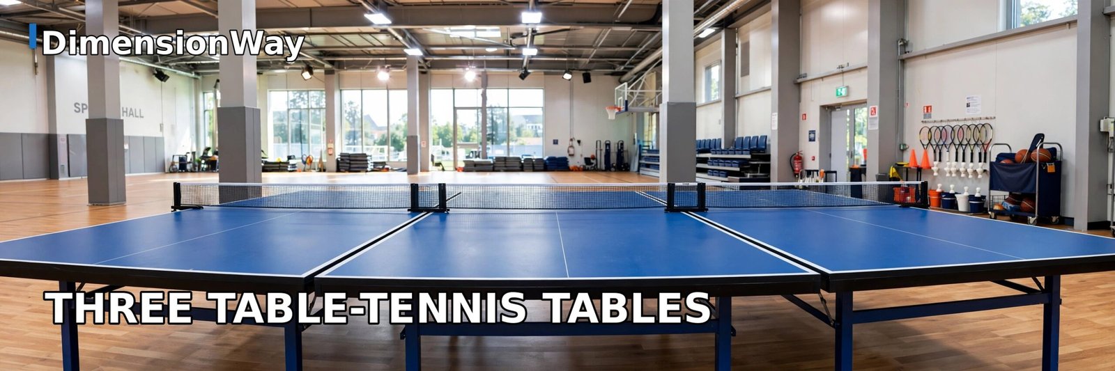 Three regulation table tennis tables pushed side by side in a sports hall