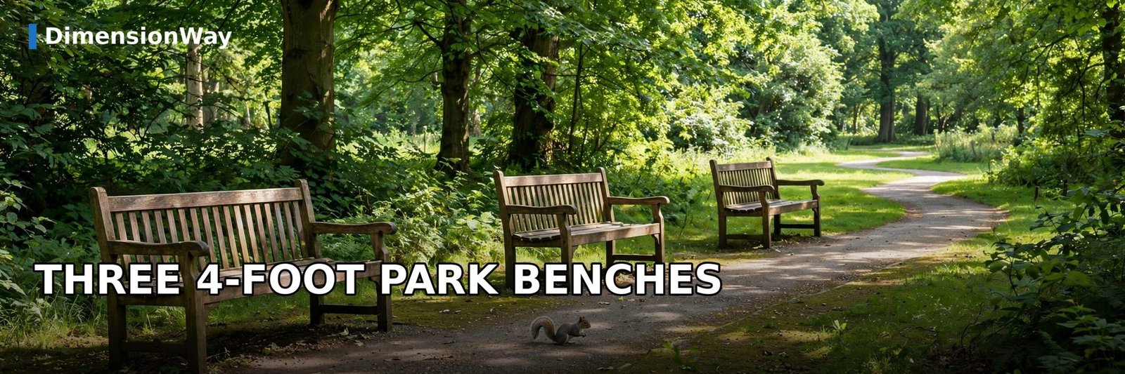 Three 4 foot wooden park benches lined up in a row along a green park path