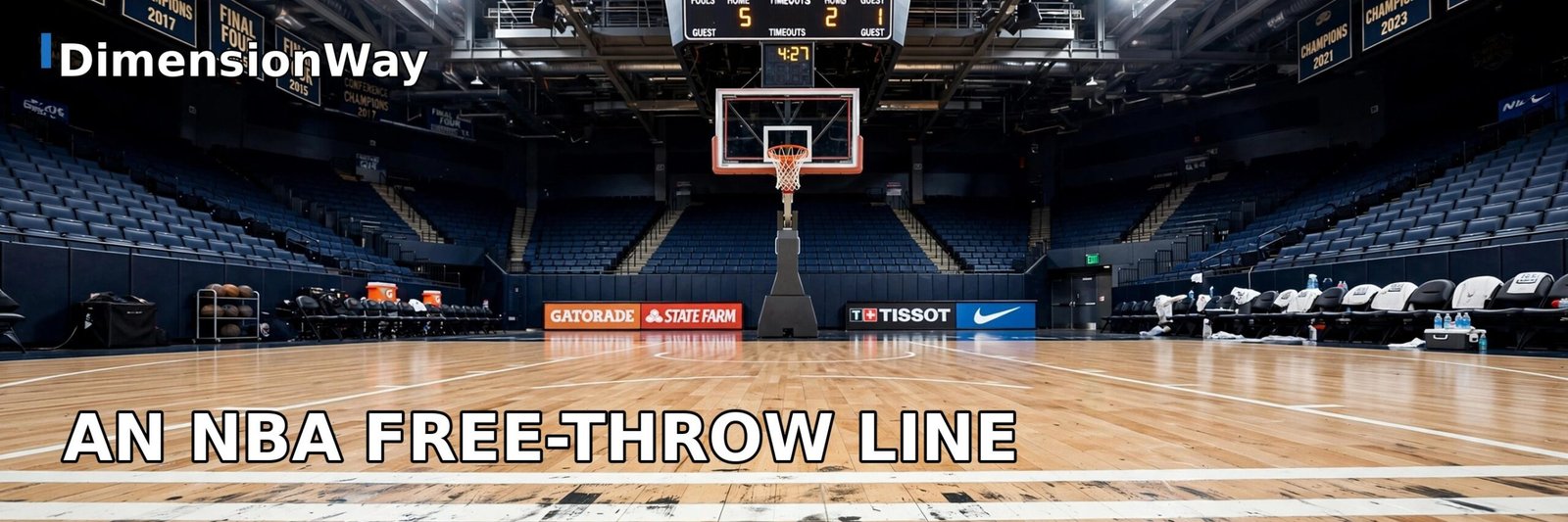 Basketball court viewed from the free throw line 15 feet from the backboard