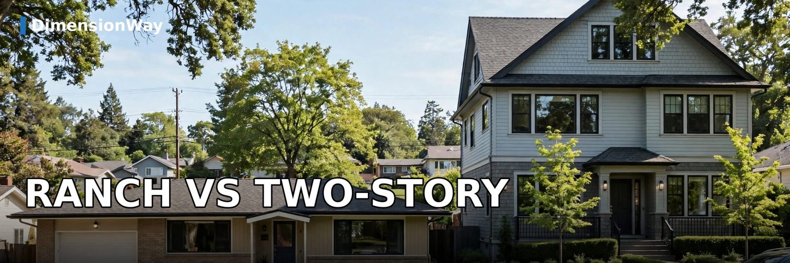 Single-story ranch house next to a taller two-story house, showing the height difference between the styles.