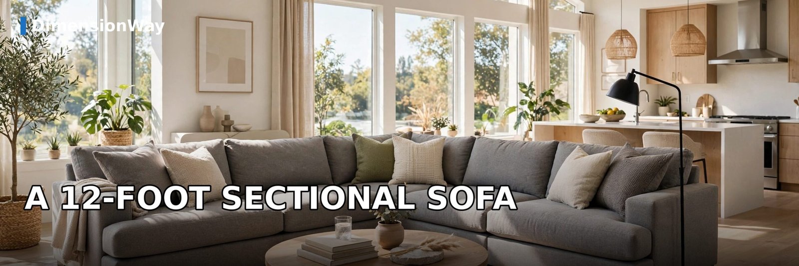 Wide L shaped sectional sofa spanning about 12 feet across a living room