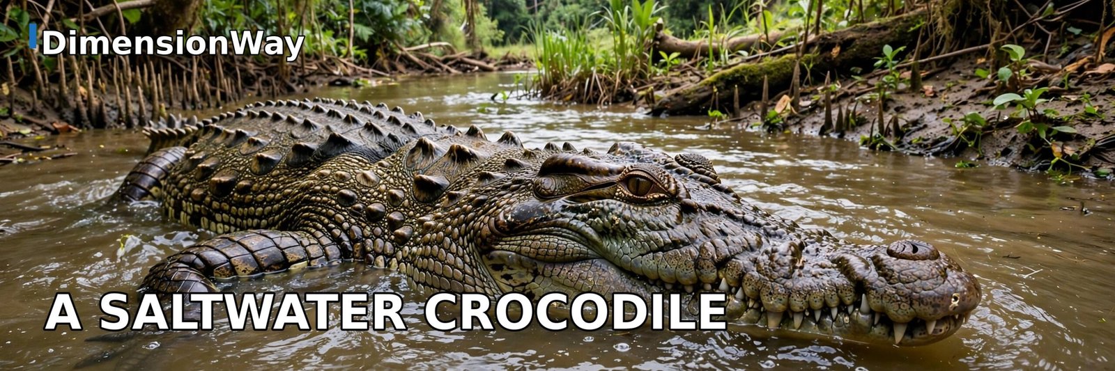 Large saltwater crocodile in the water showing its 15 foot length