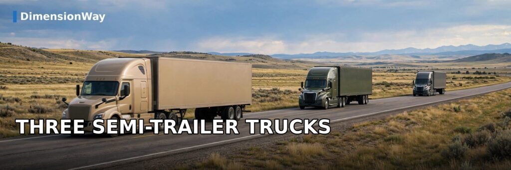 Three semi-trailer trucks parked end to end stretch about 200 feet