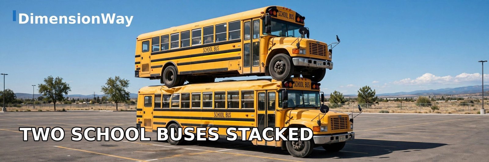 Two yellow school buses stacked one on top of the other showing about 20 feet