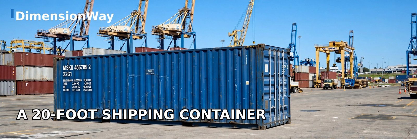 Blue 20 foot shipping container in a shipping yard