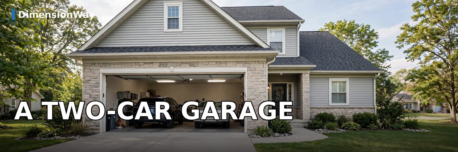 A standard two-car garage, about 20 feet wide and 20 feet deep.