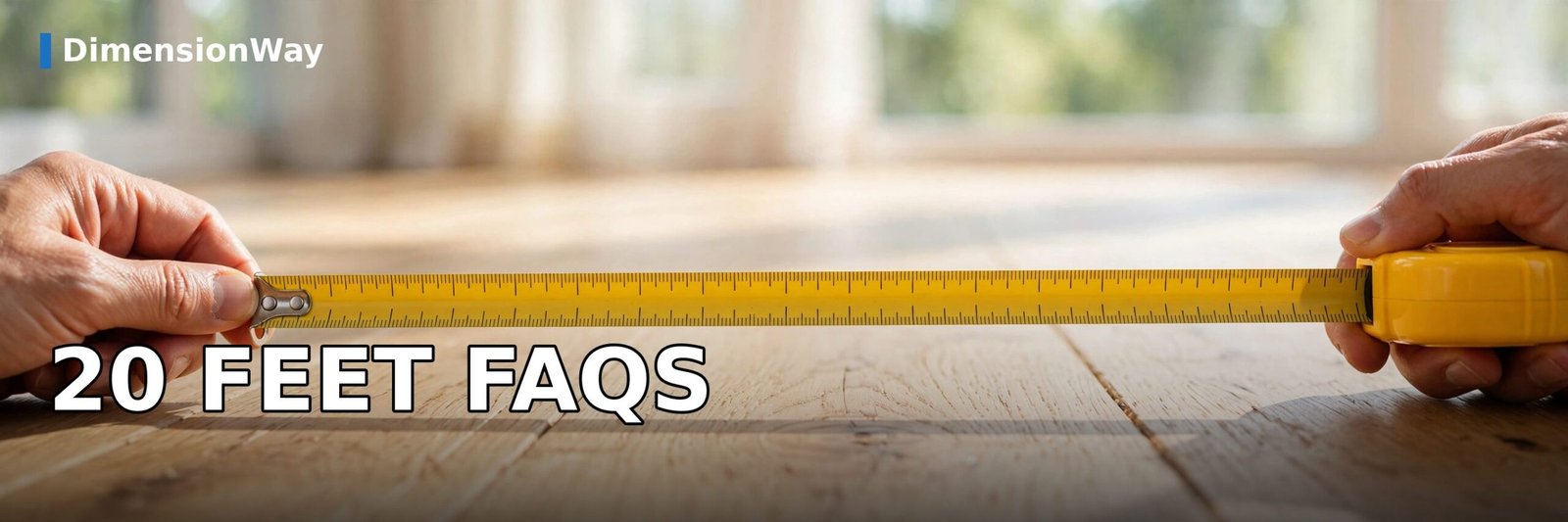Hands holding a yellow tape measure extended across a wooden floor.