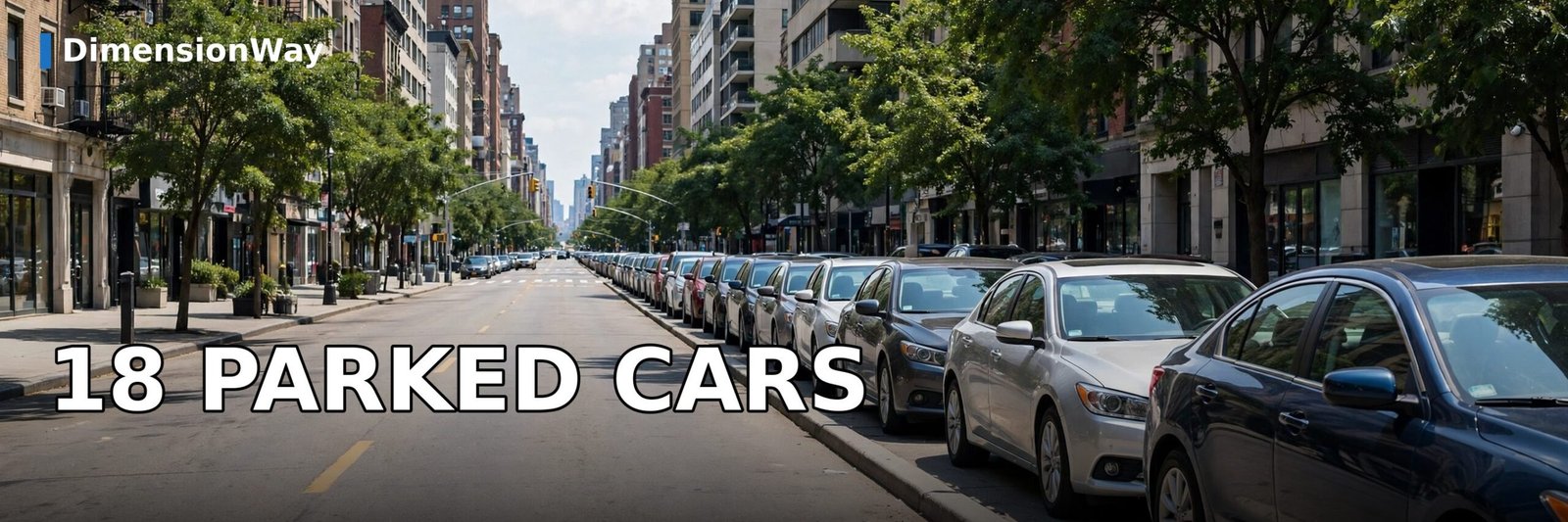 About 18 parked sedans bumper to bumper along a city street.