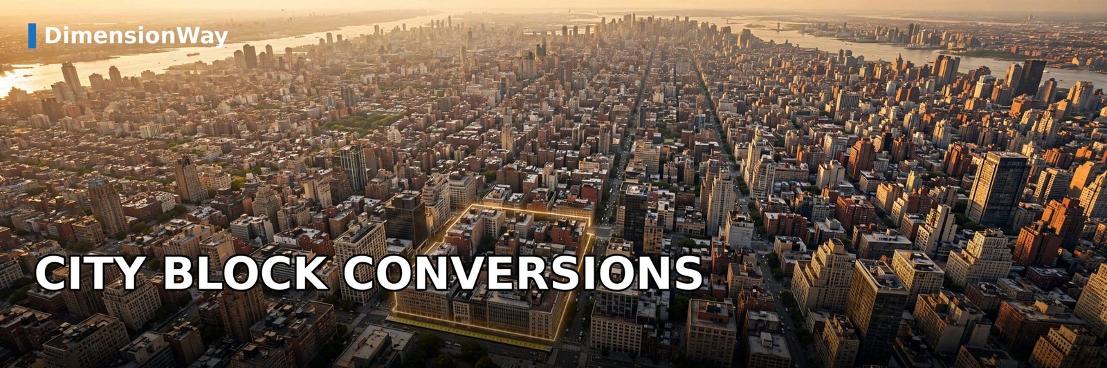 Aerial view of the Manhattan street grid with one city block highlighted, for city block distance conversions.