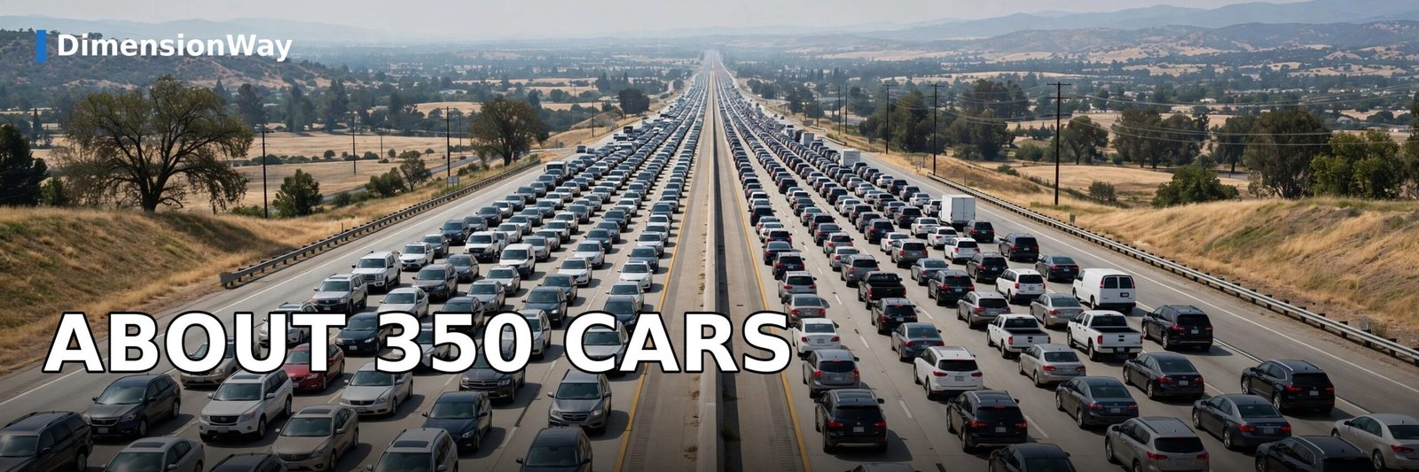 Cars bumper to bumper in traffic stretching to the horizon, about 350 cars making up a mile.