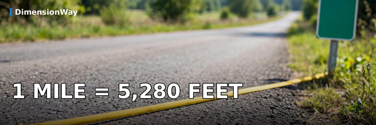 A yellow measuring tape stretched along a road next to a green highway mile marker, with 1 mile equals 5,280 feet.