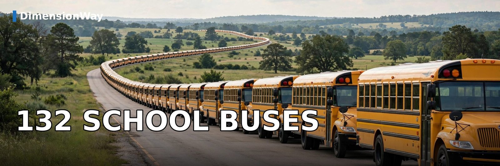 A long line of yellow school buses parked bumper to bumper, 132 of which stretch one mile.