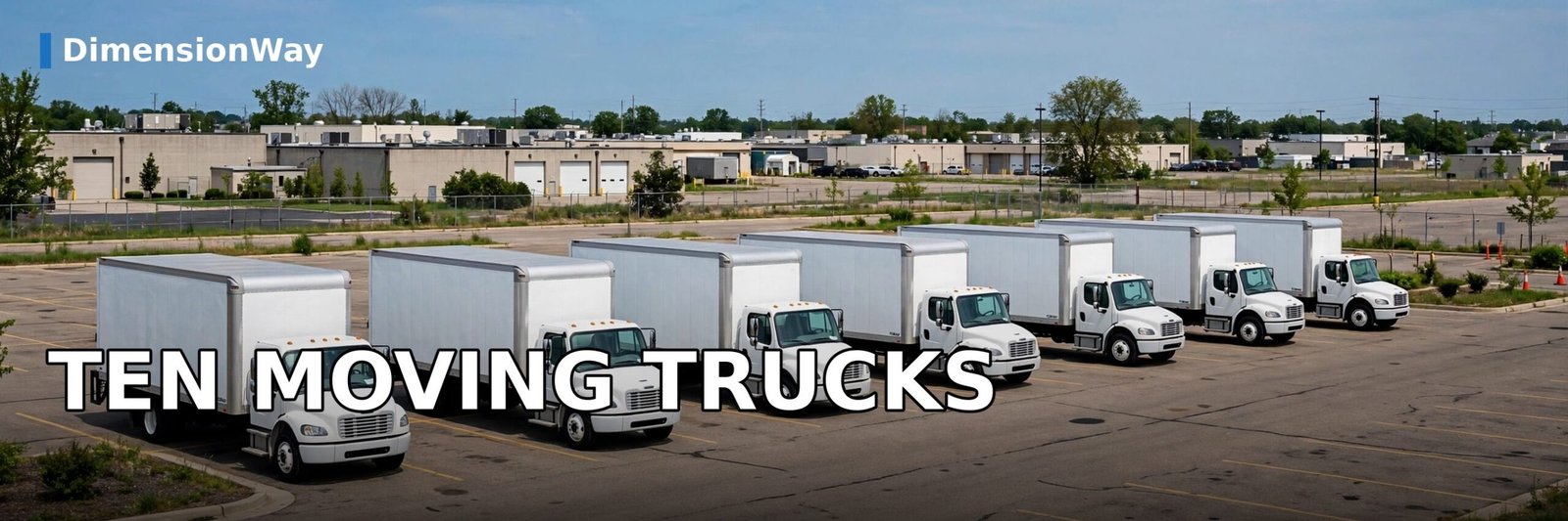 A row of 26-foot rental moving trucks parked in a lot.