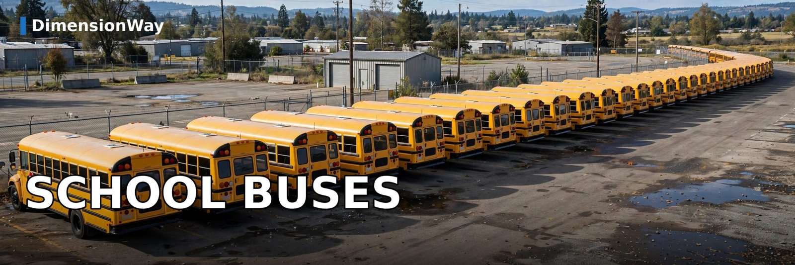 Yellow school buses parked nose to tail in a depot lot.
