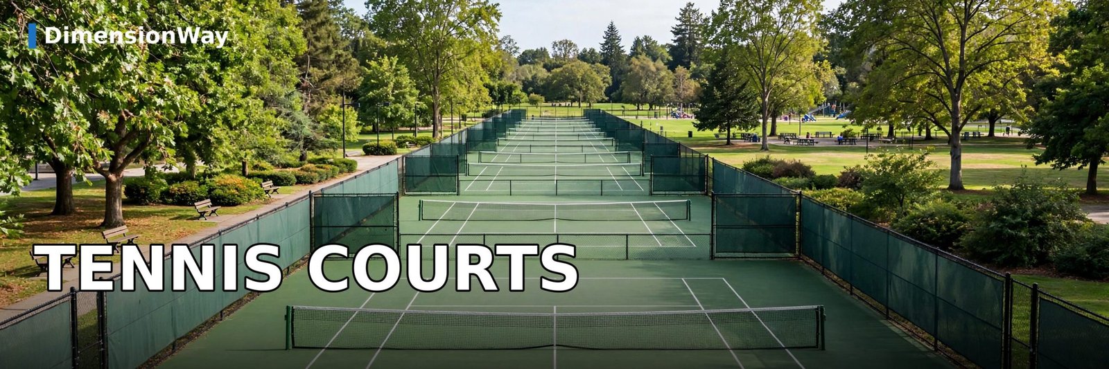 A row of outdoor tennis courts at a public park.