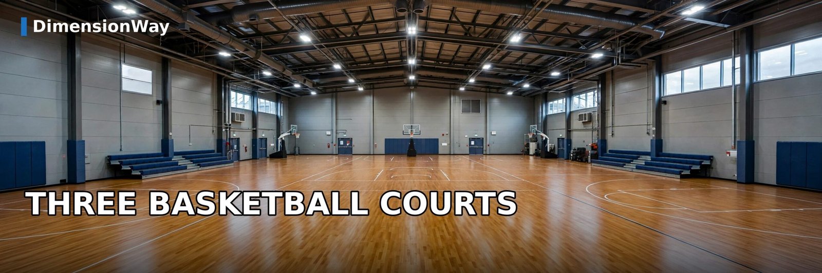 Three basketball courts laid end to end in a large gymnasium.