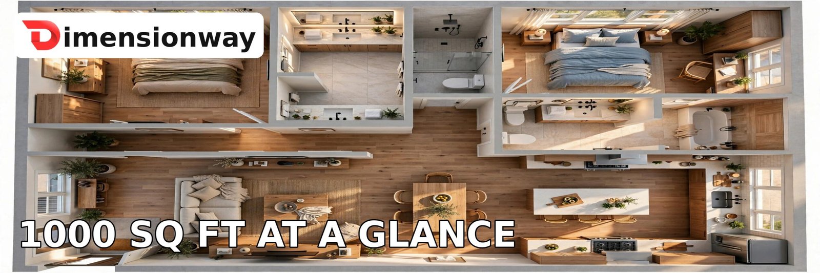 Aerial-style view of a 1000 square foot two-bedroom apartment layout