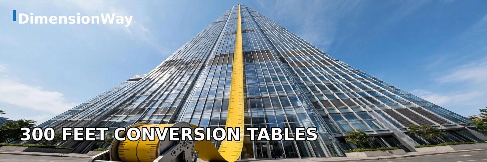 Yellow measuring tape unrolling vertically up a tall glass skyscraper, showing how high 300 feet is in inches, meters and stories.