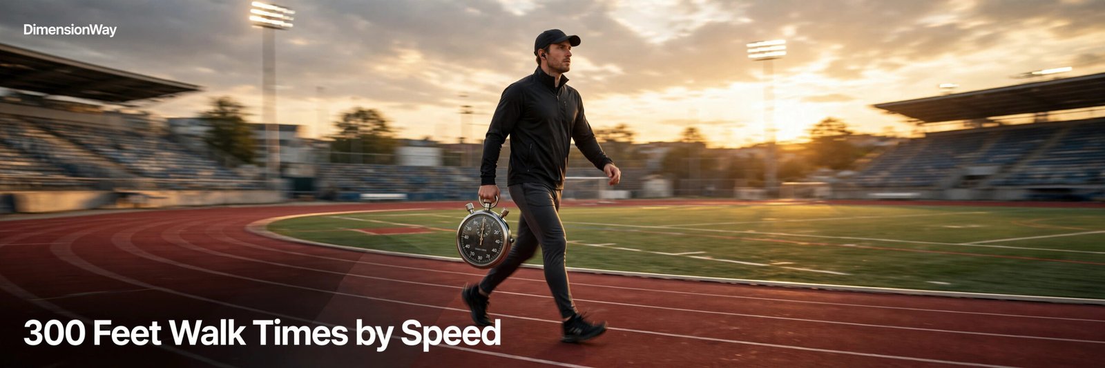 Person with a stopwatch walking on a track, showing walk times for 300 feet at different speeds.