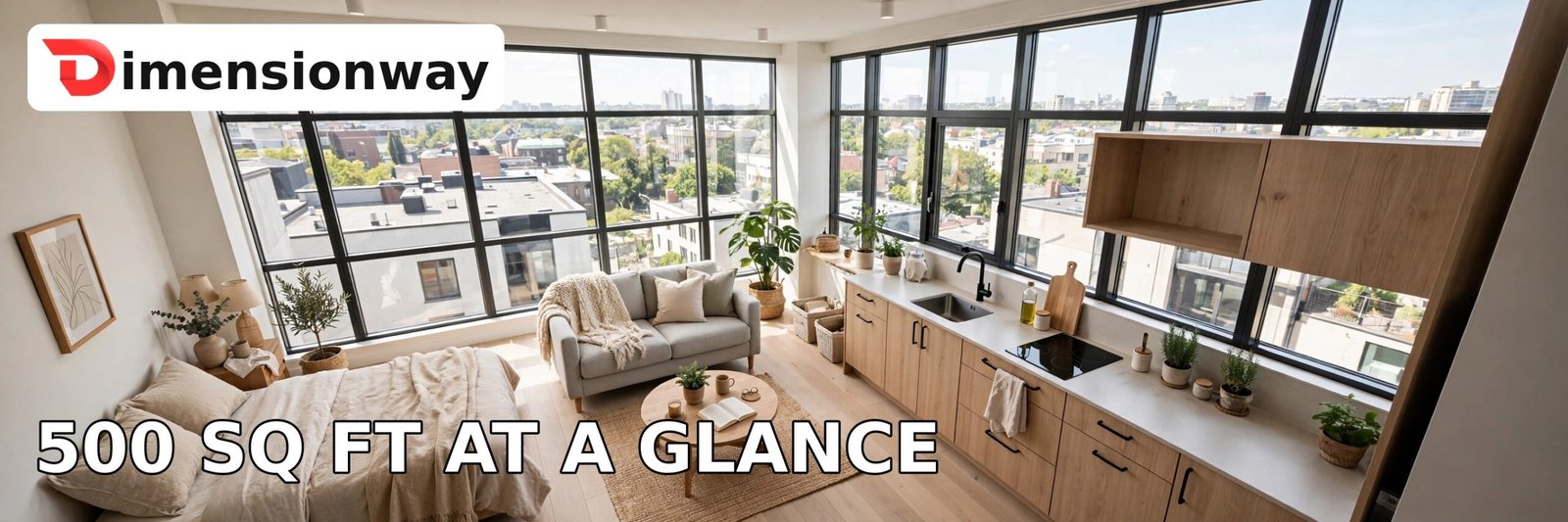 Aerial-style view of a 500 square foot studio apartment layout