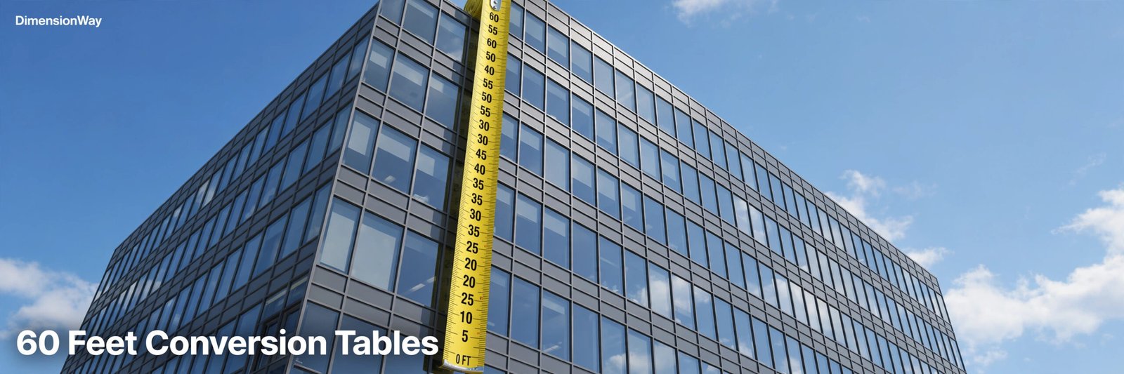 Yellow measuring tape running vertically up a 6-story office building, showing how tall 60 feet is in inches, meters and stories.