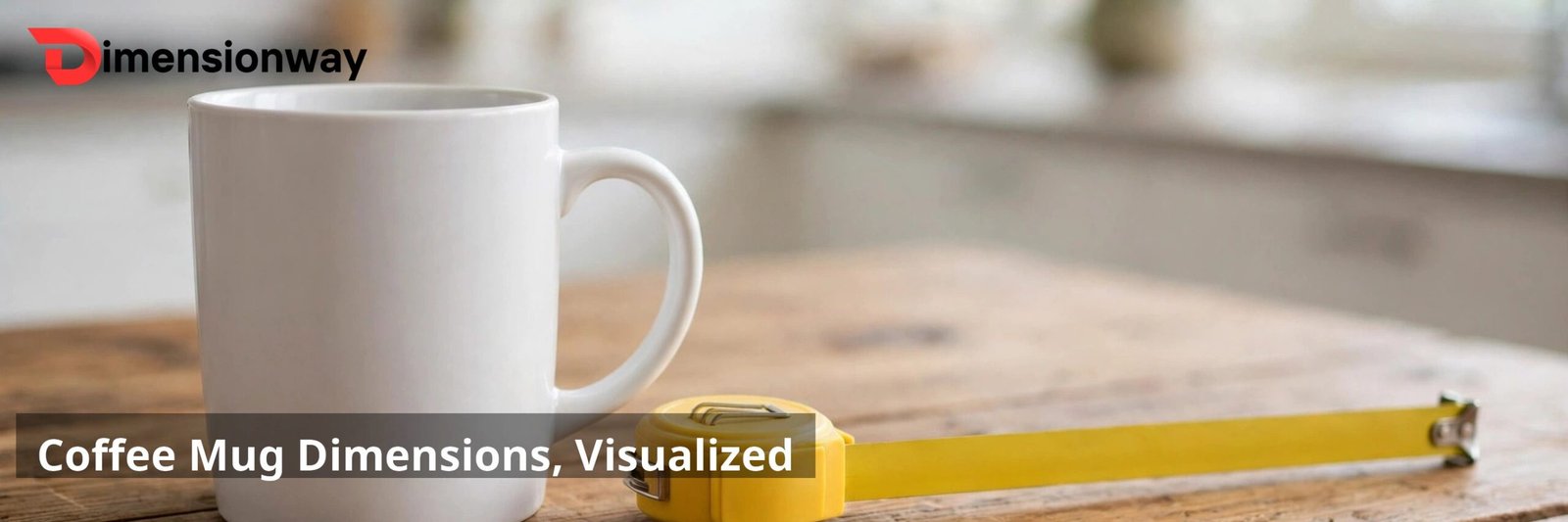 A standard white ceramic coffee mug next to a yellow measuring tape on a wooden table.